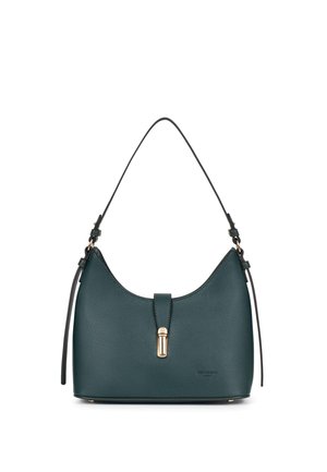Borsa a tracolla in pelle verde scuro con chiusura color oro, tracolla singola e design minimalista su sfondo bianco.