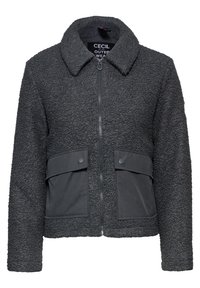 Veste floue gris foncé avec une fermeture éclair à l'avant, un col et deux grandes poches à boutons en bas à l'avant en tissu lisse.