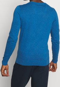 Blauer Pullover aus weichem Strickstoff. Er verfügt über einen Rundhalsausschnitt, lange Ärmel und gerippte Bündchen mit glatter Textur und regulärer Passform.