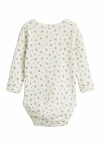 Langärmliger Bodysuit aus weichem, cremefarbenem Stoff mit einem kleinen floralen Muster in Rosa und Grün. Mit rundem Halsausschnitt und gepufften Ärmeln.