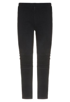 Sorte slim-fit bukser med ribdetaljer over knæene og elastisk talje, vist på en hvid baggrund.