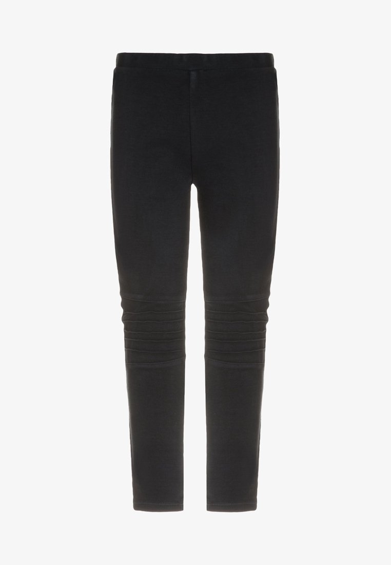 Pantalon noir slim avec détails côtelés au-dessus des genoux et taille élastique, présenté sur fond blanc uni.