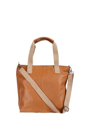 Brown leather tote bag with beige fabric handles and a detachable beige shoulder strap on white background.