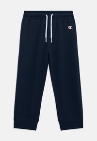 Navy zilas sporta bikses, kas izgatavotas no mīksta kokvilnas. Tām ir elastīgs jostasvieds ar auklām un elastīgi aproces pie potītēm. "Champion" logo uz kreisā gurnu.