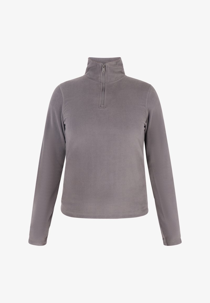 Pullover in pile grigio con colletto a zip quarti, maniche lunghe, texture liscia e cuciture minime. Adatto per un abbigliamento informale o per essere indossato a strati.