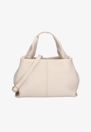 Weiche, beige Lederhandtasche mit kurzen Griffen und verstellbarem Schulterriemen mit goldener Schnalle.