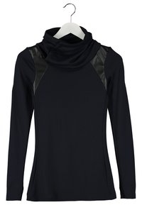 Black long-sleeve top with high cowl neck and faux leather shoulder panels on a white hanger.