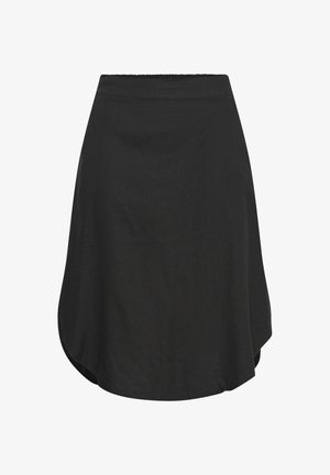 Musta polvipituinen hame, jossa on vyötäröllä istuva vyötärö, virtaava A-linjan muoto ja kaareva helma. Valmistettu kevyestä, rakenteellisesta kankaasta.