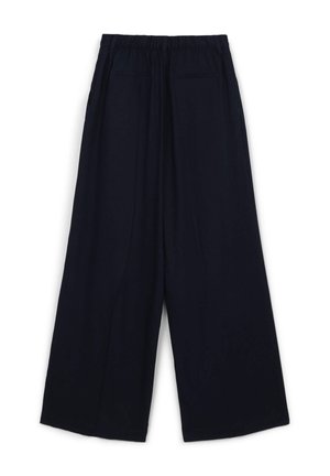 Hose mit weitem Bein in einfarbigem Marineblau mit elastischem Bund, ausgestattet mit zwei Seitentaschen und zwei Gesäßtaschen, gefertigt aus einem glatten Stoff.