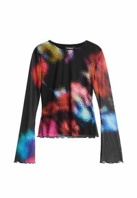 Top din plasă cu mâneci lungi, având o bază neagră cu modele abstracte colorate în roșu, albastru și verde; detalii cu marginea ondulată la hem și guler.