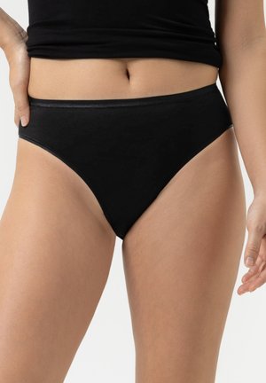 Black cotton hipster underwear with a smooth elastic waistband, offering a fitted shape and minimal coverage, shown from the side.