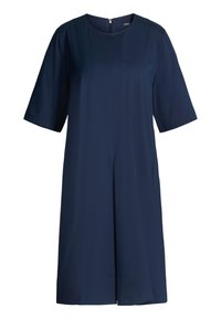 Granatowa sukienka do kolan z rękawami do łokcia, okrągłym dekoltem, suwakiem z tyłu i subtelnym plisowaniem z przodu.