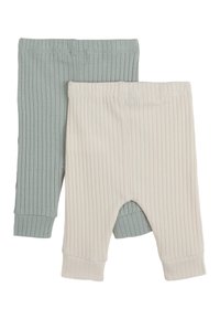 Deux paires de leggings pour bébé, l'une en vert clair et l'autre en blanc cassé, en tissu côtelé avec des ceintures élastiques et des poignets aux chevilles.