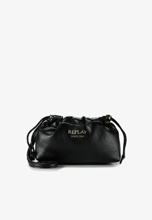 Sac en cuir noir à cordon de serrage avec bandoulière réglable, marqué "REPLAY SINCE 1981" en lettres dorées sur l'avant.