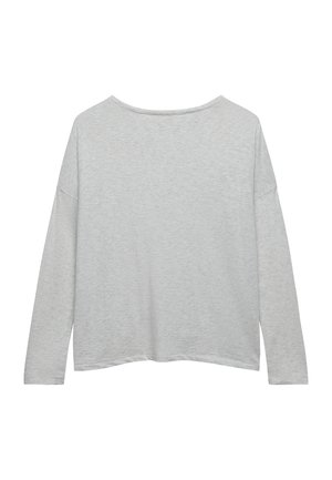 T-shirt à manches longues gris clair avec col rond, coupe décontractée et texture chinée subtile, présenté sur un fond blanc.