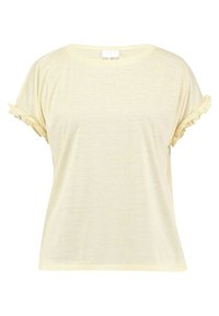 Žluté tričko s krátkým rukávem, které má volánkové detaily na lemech. Měkká, lehká látka s uvolněným střihem.
