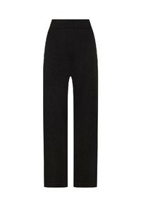 Pantaloni neri a gamba larga con vita alta a coste, realizzati in un tessuto testurizzato, con gambe dritte e una finitura pulita.