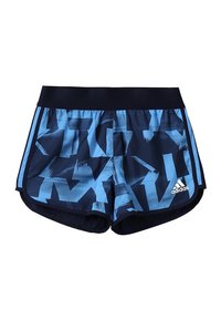 Pantalones cortos deportivos en azul y marino con un patrón abstracto, cinturilla elástica y logo de Adidas en la parte inferior derecha. Tela suave.