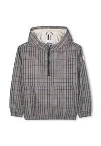 Pulôver com capuz em padrão xadrez preto e branco, com um fecho de meia zip, punhos elásticos e um tecido leve com uma textura suave.