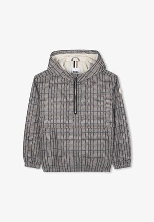 Schwarzer und weißer karierten Kapuzenpullover mit einem halben Reißverschluss vorne, elastischen Bündchen und einem leichten Stoff mit glatter Textur.