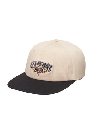 Béžová baseballová čiapka Billabong s čiernym zakriveným šiltom a vyšívaným slnkom a logom na prednej strane.