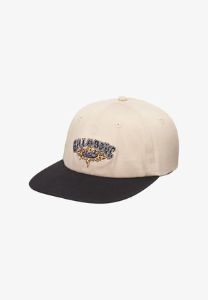 Béžová baseballová čiapka Billabong s čiernym zakriveným šiltom a vyšívaným slnkom a logom na prednej strane.