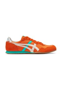 Sneaker arancioni con upper in suede, accenti bianchi e turchesi, suola in gomma testurizzata e design a profilo basso.