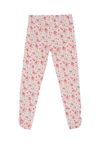 Bloemenleggings van zacht, rekbaar materiaal. Heeft een lichtroze achtergrond met rode en paarse bloemen en groene bladeren. Enkellange uitvoering.