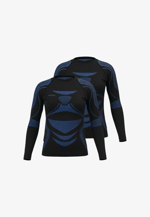 Schwarze Sportshirts mit langen Ärmeln, die blaue geometrische Muster und strukturierte Akzente aufweisen. Hergestellt aus dehnbarem, atmungsaktivem Stoff.
