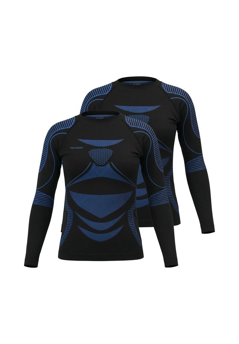 Black long-sleeve sports shirts featuring blue geometric patterns and textured accents. Made from stretchy, breathable fabric.