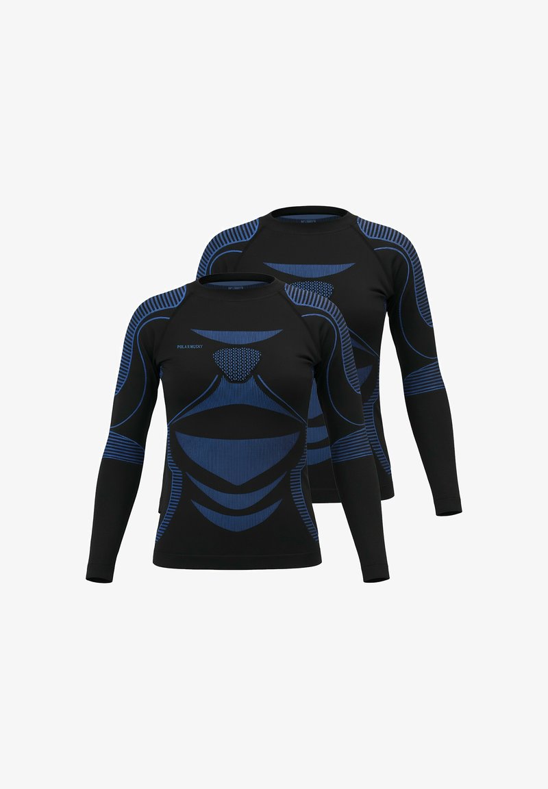 Black long-sleeve sports shirts featuring blue geometric patterns and textured accents. Made from stretchy, breathable fabric.