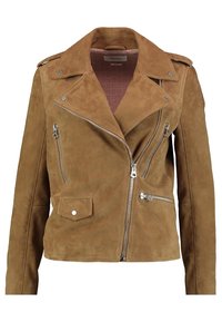 Hnědá semišová motocyklová bunda s diagonálními zipy, detaily se cvoky a texturovanou podšívkou. Obsahuje přiléhavý střih a límec.