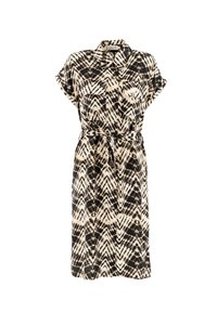Vestido negro y crema con estampado, de manga corta, con cuello, botones en el frente, dos bolsillos en el pecho y cinturón en la cintura.