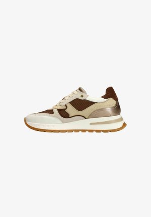 Brown and beige sneaker with white sole, mesh and leather panels, lace-up front, and gum-colored tread pattern.