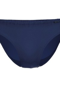 Navy blauwe bikini onderkant gemaakt van een gladde stof, met een ruitpatroon van kleine lichtblauwe vierkantjes en een naadloze tailleband voor comfort.