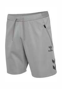 Lichtsgrijze sportshorts voor heren van polyester. Voorzien van een elastische tailleband met een trekkoord, een zijzak en zwarte logo-accenten.
