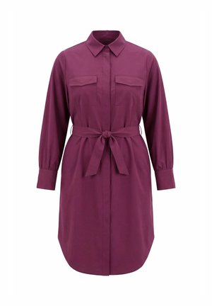 Langarmige pruimkleurige overhemdjurk met kraag, borstflappzakken, knoopsluiting aan de voorkant en zelfbindende tailleceintuur.