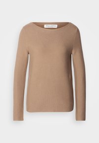 Pull beige à manches longues avec col rond, en maille fine, étiquette Marc O’Polo cousue à l’intérieur du col.