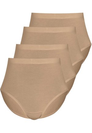 Four identical beige high-waist seamless underwear briefs stacked overlapping, displayed on a white background.