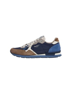 Mens' sneaker with a navy blue textile upper, brown suede accents, light gray laces, and a blue rubber sole. Features logo detailing.