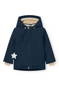 Marineblaue isolierte Jacke mit Kapuze, beigem Futter, Druckknöpfen und zwei vorderen Taschen. Sternförmiges Etikett an der Ärmel befestigt.