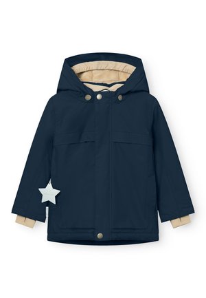 Marineblaue isolierte Jacke mit Kapuze, beigem Futter, Druckknöpfen und zwei vorderen Taschen. Sternförmiges Etikett an der Ärmel befestigt.