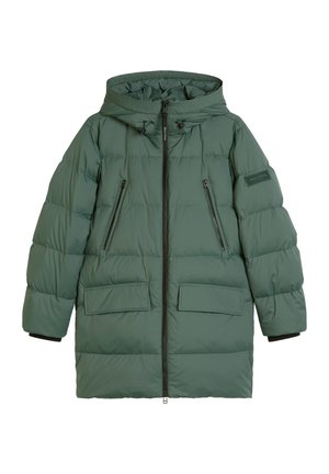 Green puffer jacket with a hood, featuring a zip front, two zippered chest pockets, and two large patch pockets. Smooth, quilted texture.