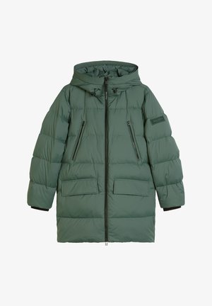 Giacca a vento verde con cappuccio, dotata di chiusura frontale con zip, due tasche al petto con cerniera e due grandi tasche applicate. Tessuto liscio trapuntato.