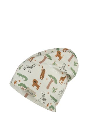 Cream-colored children's beanie with green trees, brown lions, zebras, and crocodiles pattern and a small "Sterntaler" label.
