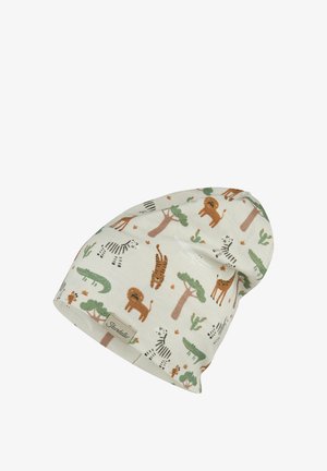 Cream-colored children's beanie with green trees, brown lions, zebras, and crocodiles pattern and a small "Sterntaler" label.