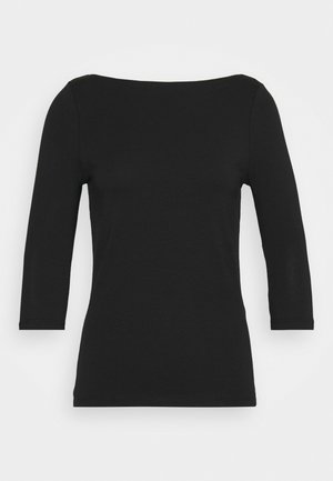Zwart langslavend top met een bootnek. Gemaakt van een gladde, elastische stof. Heeft aangesloten mouwen en een slank silhouet.