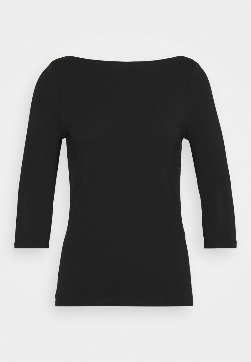 Camisola preta de manga longa com decote barco. Feita de um tecido liso e elástico. Apresenta mangas ajustadas e uma silhueta slim.
