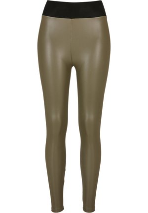 Leggings vert olive en matériau brillant et extensible, dotés d'une taille élastique noire. Design ajusté, texture lisse, construction sans coutures.