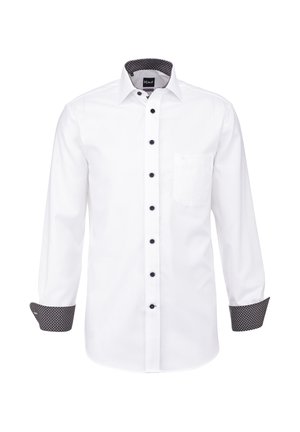 Weißes Herrenhemd mit langen Ärmeln, schwarzen Knöpfen, Brusttasche sowie innerem Kragen und Manschetten mit schwarzem Hexagonmuster.